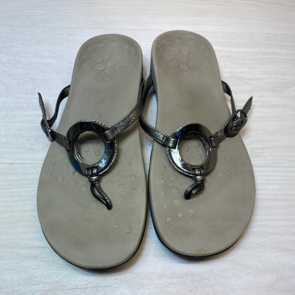 Vionic Womens 9 Karina Thong Sandals Orthotic T-Strap Pewter Metallic Comfort